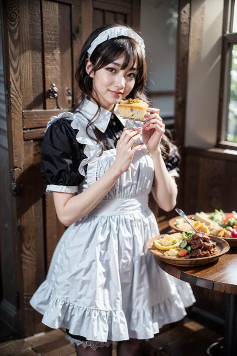 (realistic:1.3), finely detailed, quality, rembrandt lighting, (masterpiece:1.2), (photorealistic:1.2), (best quality), (detailed skin:1.3), (intricate details), dramatic, ray tracing, 1girl, japanese girl, 21 years old, detailed skin texture, (blush:0.5), (goosebumps:0.5), subsurface scattering, smiling, medium breasts, short hair curls, bangs, hair between eyes, maid attire, black pantyhose, (holding fork, food on fork, feeding viewer,:1.3) pov, cowboy shot, (bright sunny day, aristocrat mansion, dining table), <lora:maid_attire_v2:0.65>