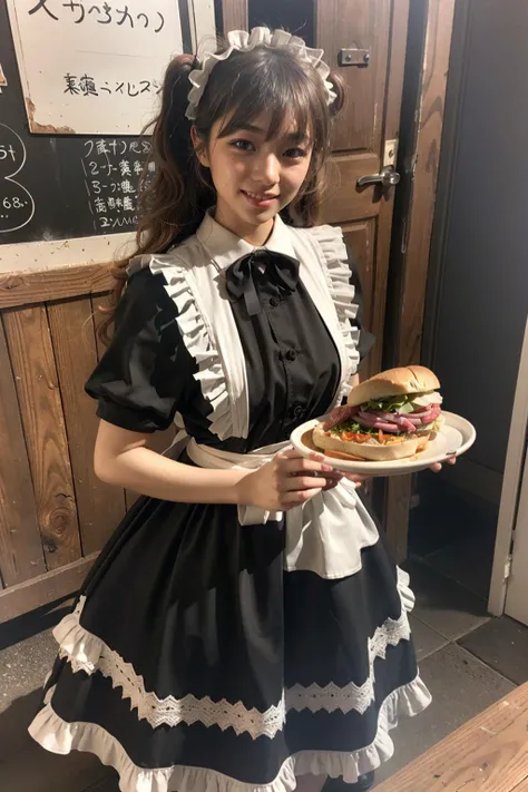 (realistic:1.3), finely detailed, quality, rembrandt lighting, (masterpiece:1.2), (photorealistic:1.2), (best quality), (detailed skin:1.3), (intricate details), dramatic, ray tracing, 1girl, japanese girl, 21 years old, detailed skin texture, (blush:0.5), (goosebumps:0.5), subsurface scattering, smiling, happy, medium breasts, long hair curls, parted bangs, maid_dress, omurice, sandwiches, food on tray, holding tray, full body, (maid cafe, cute decorations, brightly lit cafe), <lora:maid_dress_v1:0.7>
