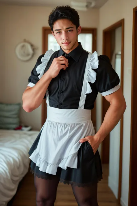 (masterpiece, high quality, absurdres, realistic), OverallDetail, <lora:Ken_GV:1.25>, 1boy, male focus, young, handsome man, masculine, short straight black hair, brown eyes, handsome, ken, looking at viewer, flirting, <lora:maid_attire_v2:0.5> maid attire, black pantyhose, high heels, (tongue out:1.1), teasing, blushing, <lora:detail_slider_v4:0.2>