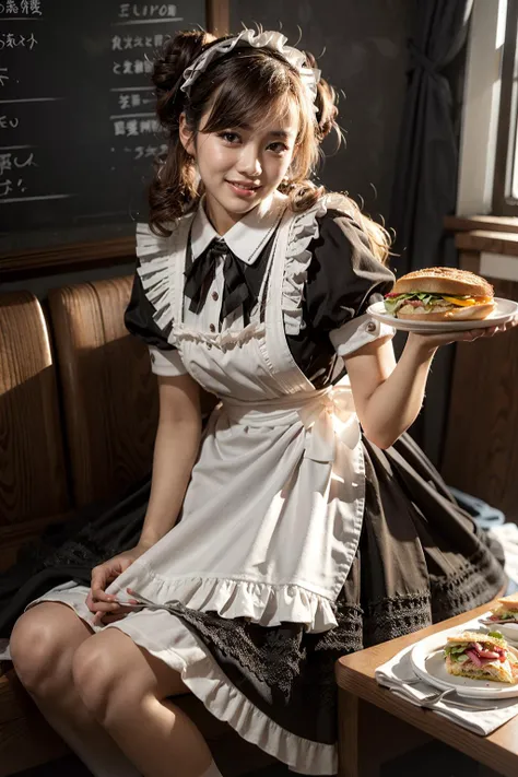 (realistic:1.3), finely detailed, quality, rembrandt lighting, (masterpiece:1.2), (photorealistic:1.2), (best quality), (detailed skin:1.3), (intricate details), dramatic, ray tracing, 1girl, japanese girl, 21 years old, detailed skin texture, (blush:0.5), (goosebumps:0.5), subsurface scattering, smiling, happy, medium breasts, long hair curls, parted bangs, maid_dress, omurice, sandwiches, food on tray, holding tray, full body, (maid cafe, cute decorations, brightly lit cafe), <lora:maid_dress_v1:0.7>