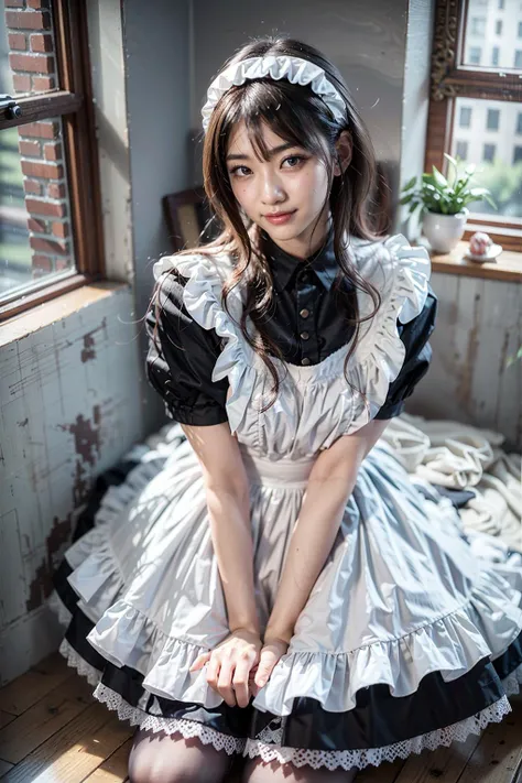 (realistic:1.3), finely detailed, quality, rembrandt lighting, (masterpiece:1.2), (photorealistic:1.2), (best quality), (detailed skin:1.3), (intricate details), dramatic, ray tracing, 1girl, japanese girl, 21 years old, detailed skin texture, (blush:0.5), (goosebumps:0.5), subsurface scattering, smiling, medium breasts, short hair curls, bangs, hair between eyes, maid attire, black pantyhose, kneeling, close up, from above, (bright sunny day, aristocrat mansion, bedroom, window, cute decorations), <lora:maid_attire_v2:0.65>
