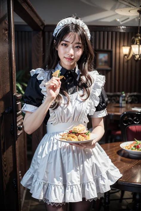 (realistic:1.3), finely detailed, quality, rembrandt lighting, (masterpiece:1.2), (photorealistic:1.2), (best quality), (detailed skin:1.3), (intricate details), dramatic, ray tracing, 1girl, japanese girl, 21 years old, detailed skin texture, (blush:0.5), (goosebumps:0.5), subsurface scattering, smiling, medium breasts, short hair curls, bangs, hair between eyes, maid attire, black pantyhose, holding, food on fork, feeding viewer, pov, cowboy shot, (bright sunny day, aristocrat mansion, dining table), <lora:maid_attire_v2:0.65>
