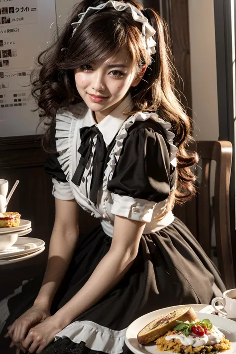 (realistic:1.3), finely detailed, quality, rembrandt lighting, (masterpiece:1.2), (photorealistic:1.2), (best quality), (detailed skin:1.3), (intricate details), dramatic, ray tracing, 1girl, japanese girl, 21 years old, detailed skin texture, (blush:0.5), (goosebumps:0.5), subsurface scattering, smiling, happy, medium breasts, long hair curls, parted bangs, maid_dress, omelette rice, food on tray, holding tray, full body, (maid cafe, cute decorations, brightly lit cafe), <lora:maid_dress_v1:0.7>