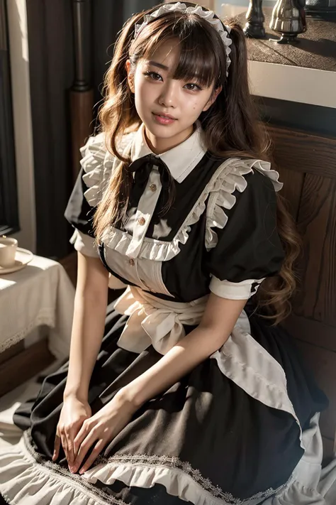 (realistic:1.3), finely detailed, quality, rembrandt lighting, (masterpiece:1.2), (photorealistic:1.2), (best quality), (detailed skin:1.3), (intricate details), dramatic, ray tracing, 1girl, japanese girl, 21 years old, detailed skin texture, (blush:0.5), (goosebumps:0.5), subsurface scattering, smiling, medium breasts, long hair curls, parted bangs, maid_dress, (bright sunny day), <lora:maid_dress_v1:0.7>