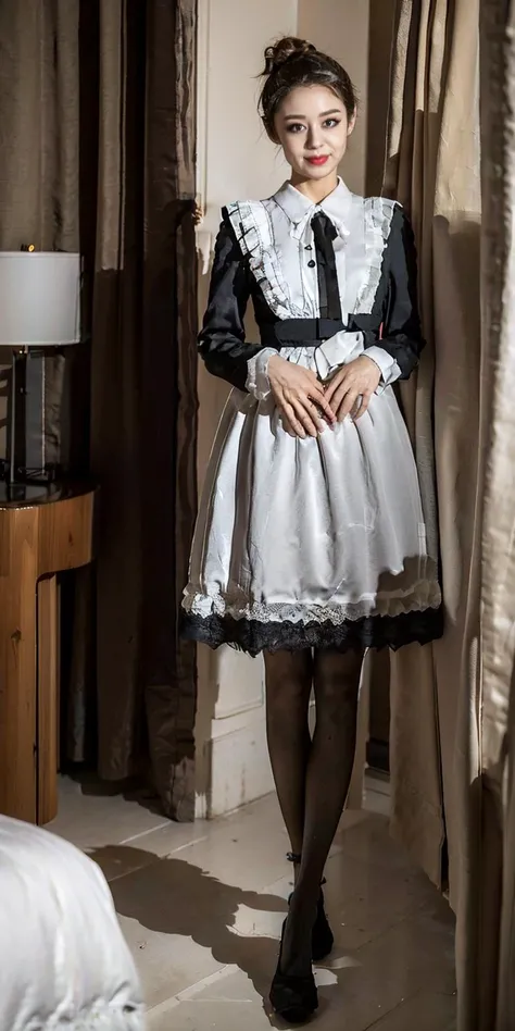 20d,realistic,photorealistic,masterpiece,best quality,1girl,jina,large breasts,black hair,(hair bun),((no bangs)),solo,standing in bedroom,facing viewer,night,looking at viewer,smile,white frilled hairband,short maid_dress,(black pantyhose),(pureerosface_v1:0.7),<lora:jinaV11024-000009:0.8>,<lora:20d:0.6>,<lora:maid_dress_v1:0.75>,