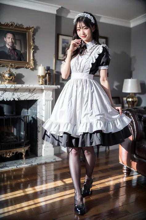 (realistic:1.3), finely detailed, quality, rembrandt lighting, (masterpiece:1.2), (photorealistic:1.2), (best quality), (detailed skin:1.3), (intricate details), dramatic, ray tracing, 1girl, japanese girl, 21 years old, detailed skin texture, (blush:0.5), (goosebumps:0.5), subsurface scattering, smiling, medium breasts, short hair curls, bangs, hair between eyes, maid attire, black pantyhose, high heels, (one raised foot, cute pose:1.1), cowboy shot, (bright sunny day, aristocrat mansion, living room), <lora:maid_attire_v2:0.65>