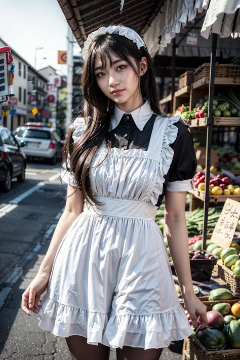 (realistic:1.3), finely detailed, quality, rembrandt lighting, (masterpiece:1.2), (photorealistic:1.2), (best quality), (detailed skin:1.3), (intricate details), dramatic, ray tracing, 1girl, japanese girl, 21 years old, detailed skin texture, (blush:0.5), (goosebumps:0.5), subsurface scattering, smiling, medium breasts, short hair curls, bangs, hair between eyes, maid attire, black pantyhose, buying fresh produce, cowboy shot, (bright sunny day, outdoors, market, fresh produce), <lora:maid_attire_v2:0.65>