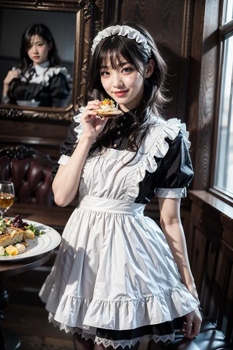 (realistic:1.3), finely detailed, quality, rembrandt lighting, (masterpiece:1.2), (photorealistic:1.2), (best quality), (detailed skin:1.3), (intricate details), dramatic, ray tracing, 1girl, japanese girl, 21 years old, detailed skin texture, (blush:0.5), (goosebumps:0.5), subsurface scattering, smiling, medium breasts, short hair curls, bangs, hair between eyes, maid attire, black pantyhose, holding, food on fork, feeding viewer, pov, cowboy shot, (bright sunny day, aristocrat mansion, dining table), <lora:maid_attire_v2:0.65>