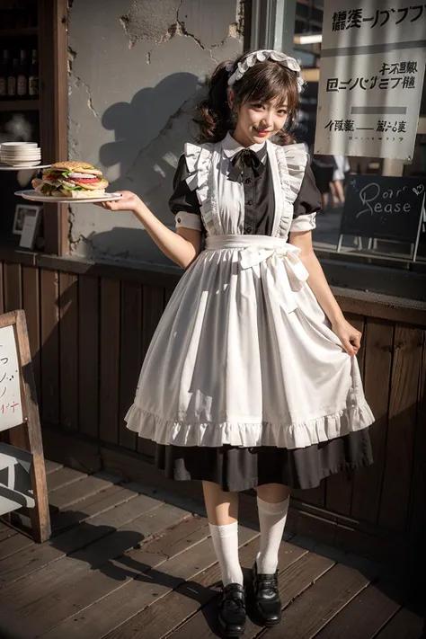 (realistic:1.3), finely detailed, quality, rembrandt lighting, (masterpiece:1.2), (photorealistic:1.2), (best quality), (detailed skin:1.3), (intricate details), dramatic, ray tracing, 1girl, japanese girl, 21 years old, detailed skin texture, (blush:0.5), (goosebumps:0.5), subsurface scattering, smiling, happy, medium breasts, long hair curls, parted bangs, maid_dress, omurice, sandwiches, food on tray, holding tray, full body, (maid cafe, cute decorations, brightly lit cafe), <lora:maid_dress_v1:0.7>