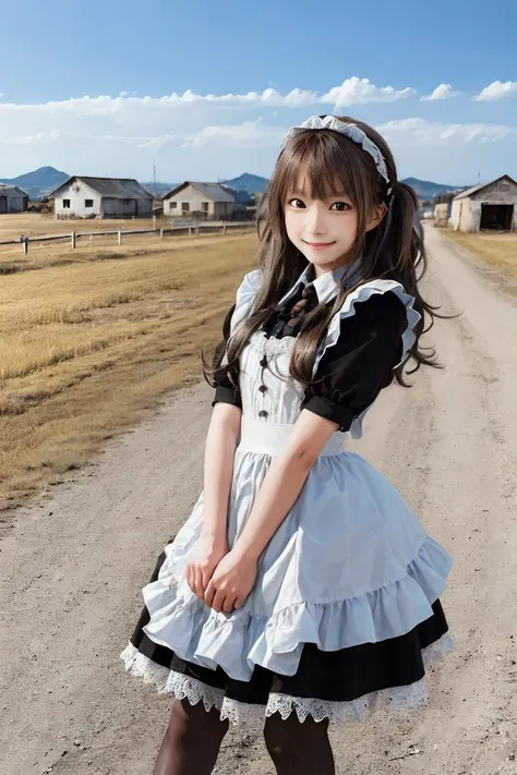 1girl, apron, arms_up, bangs, bare_tree, black_legwear, blue_sky, brown_eyes, brown_hair, building, day, dress, frills, house, lamppost, long_hair, long_sleeves, looking_at_viewer, maid, maid_headdress, outdoors, pantyhose, park, photo_background, road, sky, smile, solo, standing, tree, white_apron, winter,
<lora:maid_attire_v2:0.5>maid attire, black pantyhose, <lora:QuickHandV2:1>,
