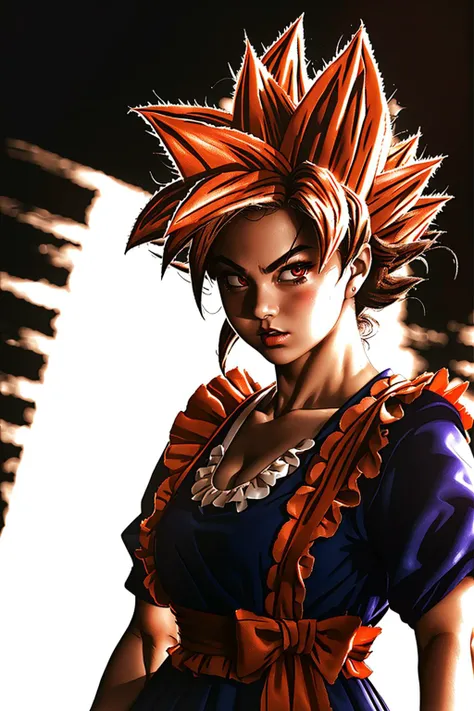 maid_dress, songoku, goku, <lora:son_goku:0.8> ,<lora:maid_dress_v1:0.7>, (sharp focus:1.2), portrait, ((posing)), (beautiful face:1.1), detailed eyes, luscious lips, ((skindentation)), (bright studio lighting:1.2), depth of field, bokeh, 4K, HD