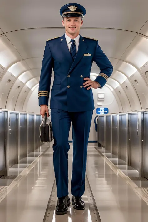 (jetway) leading to a commercial airline jet, walking pulling luggage roller bag behind him, BrandonBangs is an airline pilot, wearing (airline pilot uniform), airline captain's hat, smiling, ((full body portrait:1.5)), full body shot, wide angle <lora:BrandonBangs:0.8>