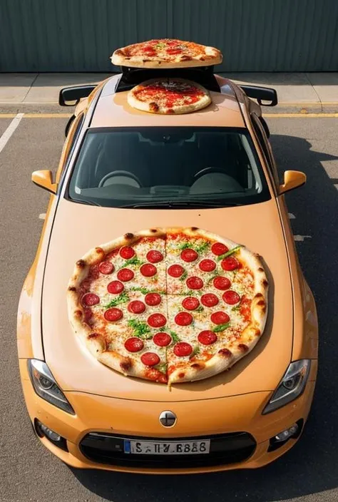 a car covered in pizza toppings