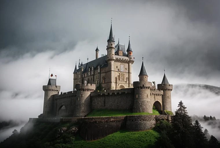 medieval castle raining fog HD 35mm