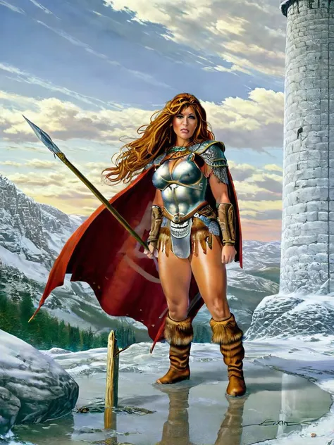 paint,  Elmore_Style_LX , girl, (nude) posing, Powerful hero, adventure, cinematic, epic outdoor location, fantasy illustration, cinematic scene by dragonlance fantasy illustrations of a 1woman barbarian, skimpy armor, Huge breasts, bikini armor, sexy barbarian nude , with sword with a magic items, in the background epic winter sunset Fantasy masterpiece by Larry Elmore , dragonlance , <lora:Elmore_Style_LX:0.7>