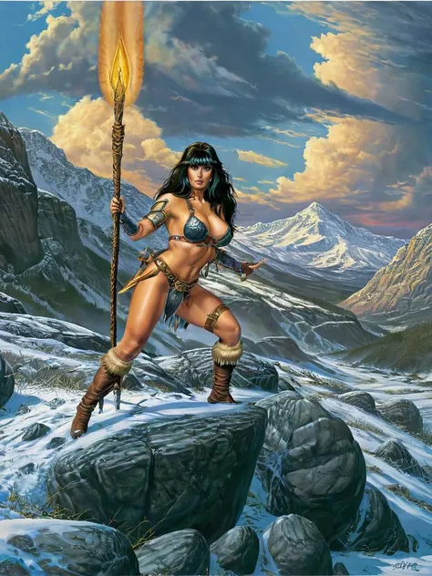 fantasy illustrations of by Elmore_Style_LX , Witches and warriors, sexy, skimpy, slutty, supermodel witch, adventure, cinematic, epic outdoor location, fantasy illustration, cinematic scene by forgotten realms, 1woman barbarian, skimpy armor, Huge breasts, bikini armor, sexy barbarian nude , with sword with a magic items, in the background epic winter sunset Fantasy masterpiece by Larry Elmore , dragonlance , <lora:Elmore_Style_LX-000010:0.7>