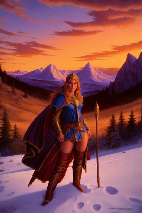 Elmore_Style fantasy illustrations of a portrait, female elf mage, skimpy , epic, cinematic, battle in background in the background epic mountain view sunset , lanscape, open, epic, in distance, Fantasy masterpiece by Larry Elmore , dragonlance , <lora:Elmore_Style-000013:0.7>
