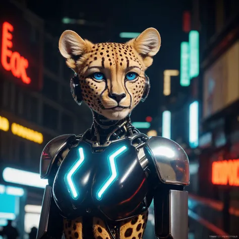 /((cheetah), cybercat, mechanical augmentations/), futuristic city, neon lights, cyberpunk, sci fi, /(fembot, cyborg, augmented/), /(synthetic fur, metal, chrome, glowing parts/), high tech, wired, /(perfect feminine body proportions/), /(glowing cybernetic eyes, triangular ears/), /(metallic tail/), closeup
BREAK
detailed eyes, detailed snout, soft face fur, smirking, blue eyes, spotted face, striped face,