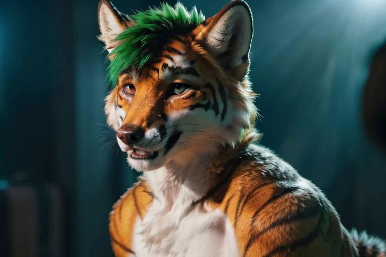 a ((anthro fox male alone)), (green hair crest on head), detailed fluffy fur, seductive, detailed background, tiger, male furry, smiling, multicolored fur, anthro,
masterpiece, detailed fur, realistic fur, tiger ears, fluffy tail,
full body, detailed skin, detailed face and eyes, higher body and limbs detail, realistic proportions, anthro_fox, anatomically correct,l huge canine penis, knot, cum, detailed background,
detailed lighting, cinematic lighting, detailed ambient light, gray natural lighting, backlighting, crepuscular ray,
half body shadow, sharp focus, detailed canine penis, realistic canine penis, (knot), animal genitalia erect