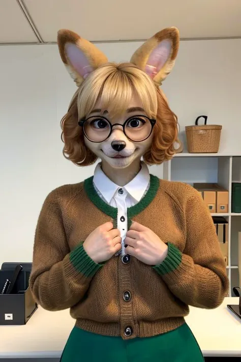 character: Isabelle, animal crossing, (inside), (perfect hands), ((masterpiece)), (((hazel eyes))), full body, (perfect face, detailed face, detailed eyes, perfect hands, perfect fingers), ((great quality)), looking at viewer, (detailed face and eyes), solo, loraisabelle, green skirt, brown sweater, white colar, glossy lips, happy smile, autumn, glasses, ((inside)), ((Nook office)), red ribbon, furry, cute furry, little pink nose, Blush, little breast, pretty eyelashes, kawaii, kemono, fluffy, hands down, 1girl, dog girl, smile, dog ears, blonde hair, topknot, indoors, furry, furry female, plant, behind desk