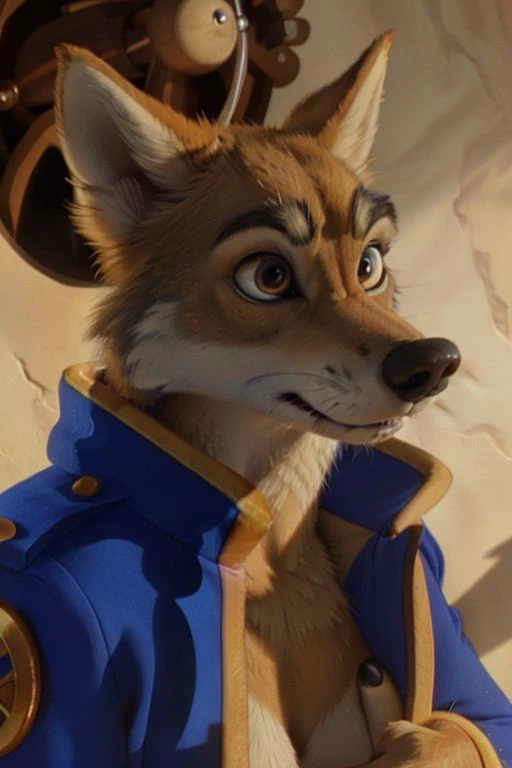 Photo-Realistic, masterpiece, detailed fur, shocked, looking at viewer, (detailed pixar eyes:1.2), detailed eyes, female, anthro, <slora:add_detail:0.3>, ((Don Karnage, Wolf, Tan Fur, Beige Muzzle, Blue buttoned captain's jacket with popped collar, Muscular, Angry Expression)), BREAK detailed fur, realistic fur, neat limbs, glistering fur, detailed fingers, detailed snout, detailed eyes, masterpiece, detailed lighting, detailed shadows, realistic lighting, realistic shadows, warm soft light, subsurface scattering, light rays