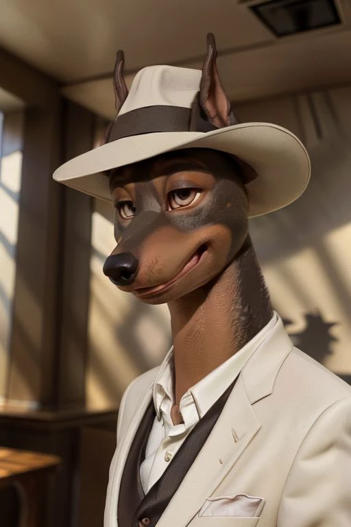 Photo-Realistic, masterpiece, detailed fur, shocked, looking at viewer, (detailed pixar eyes:1.2), detailed eyes, male, anthro, <slora:add_detail:0.3>, ((Martin Torque, Doberman, Suit, Fedora)), ((BREAK detailed fur, realistic fur, neat limbs, glistering fur, detailed fingers, detailed snout, detailed eyes, masterpiece, detailed lighting, detailed shadows, realistic lighting, realistic shadows, warm soft light, subsurface scattering, light rays)), ((Brown Eyes