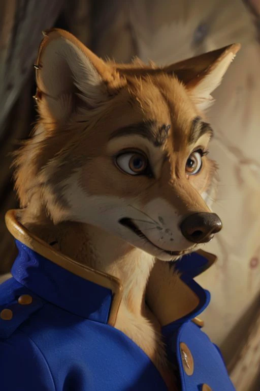 Photo-Realistic, masterpiece, detailed fur, shocked, looking at viewer, (detailed pixar eyes:1.2), detailed eyes, female, anthro, <slora:add_detail:0.3>, ((Don Karnage, Wolf, Tan Fur, Beige Muzzle, Blue buttoned captain's jacket with popped collar, Muscular, Angry Expression)), BREAK detailed fur, realistic fur, neat limbs, glistering fur, detailed fingers, detailed snout, detailed eyes, masterpiece, detailed lighting, detailed shadows, realistic lighting, realistic shadows, warm soft light, subsurface scattering, light rays