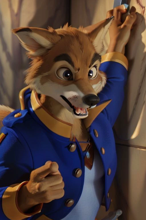 Photo-Realistic, masterpiece, detailed fur, shocked, looking at viewer, (detailed pixar eyes:1.2), detailed eyes, female, anthro, <slora:add_detail:0.3>, ((Don Karnage, Wolf, Tan Fur, Beige Muzzle, Blue buttoned captain's jacket with popped collar, Muscular, Angry, Yelling, Holding Cutlass Sword)), BREAK detailed fur, realistic fur, neat limbs, glistering fur, detailed fingers, detailed snout, detailed eyes, masterpiece, detailed lighting, detailed shadows, realistic lighting, realistic shadows, warm soft light, subsurface scattering, light rays