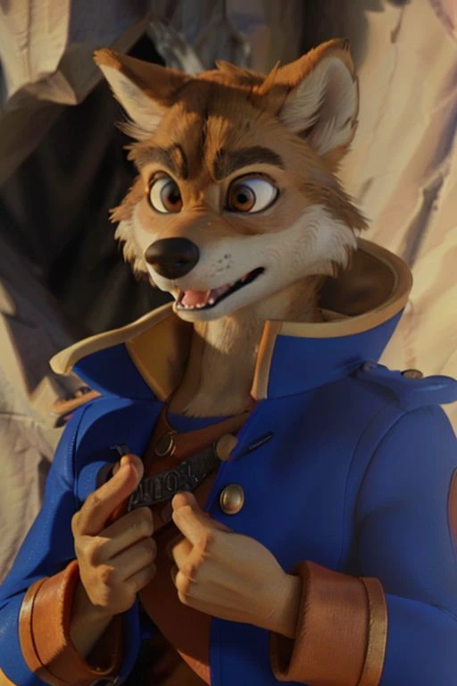 Photo-Realistic, masterpiece, detailed fur, shocked, looking at viewer, (detailed pixar eyes:1.2), detailed eyes, female, anthro, <slora:add_detail:0.3>, ((Don Karnage, Wolf, Tan Fur, Beige Muzzle, Blue buttoned captain's jacket with popped collar, Muscular, Angry Expression)), BREAK detailed fur, realistic fur, neat limbs, glistering fur, detailed fingers, detailed snout, detailed eyes, masterpiece, detailed lighting, detailed shadows, realistic lighting, realistic shadows, warm soft light, subsurface scattering, light rays