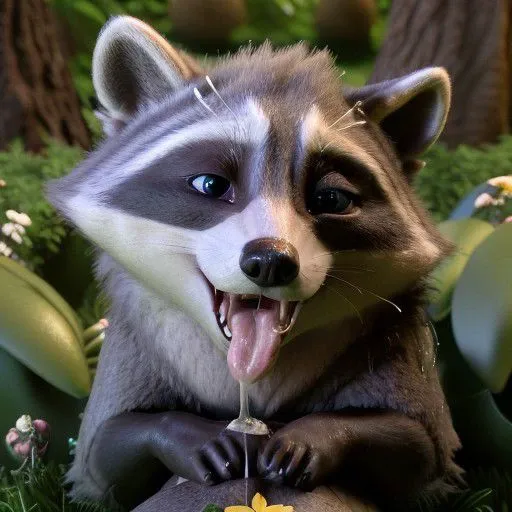 professional 3d model ((Kissing the viwer)), <lora:meeko_v11fr:0.9>, Meeko, ((feral)), male, raccoon, detailed fur, fluffy, ((((grey fur)))), ((black hand paws, four fingers)), (raccoon tail), mammal, raccoon, ((small feral raccoon body)), detailed eyes, (white sclera, black iris, ((open mouth)), sharp teeth, ((tongue out)), (on back), looking sexy, ((looking at viewer)), ((wet body, ((spit dripping from mouth)), ((forest, grass, bushes, trees, flowers)), detailed background, solo, <lora:add_detail:0.4>, <lora:Furtastic_Detailer:0.3>, hi res, photography, . octane render, highly detailed, volumetric, dramatic lighting