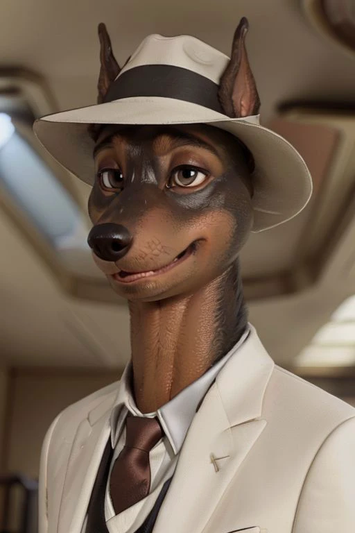 Photo-Realistic, masterpiece, detailed fur, shocked, looking at viewer, (detailed pixar eyes:1.2), detailed eyes, male, anthro, <slora:add_detail:0.3>, ((Martin Torque, Doberman, Suit, Fedora)), ((BREAK detailed fur, realistic fur, neat limbs, glistering fur, detailed fingers, detailed snout, detailed eyes, masterpiece, detailed lighting, detailed shadows, realistic lighting, realistic shadows, warm soft light, subsurface scattering, light rays)), ((Brown Eyes