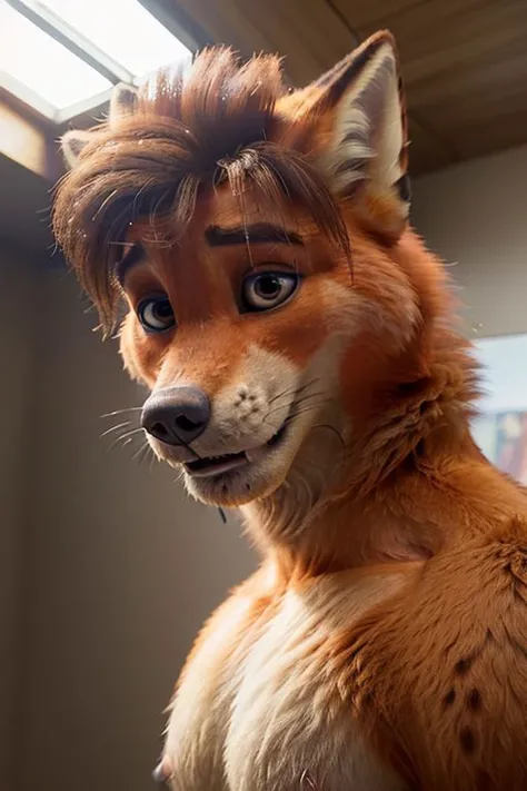 Photo-Realistic, masterpiece, detailed fur, shocked, looking at viewer, (detailed pixar eyes:1.2), detailed eyes, male, anthro, <slora:add_detail:0.3>, ((nickwilde)), ((BREAK detailed fur, realistic fur, neat limbs, glistering fur, detailed fingers, detailed snout, detailed eyes, masterpiece, detailed lighting, detailed shadows, realistic lighting, realistic shadows, warm soft light, subsurface scattering, light rays)), ((Large shoulders, large deltoids, large pecs, large biceps, six-pack abs, professional bodybuilder)) ((Long brown hair, Shoulder-lenght hair, Fabio-Hair, Fauxhawk, Goatee)), ((Large black Lips. big bottom lip, eyeshadow))