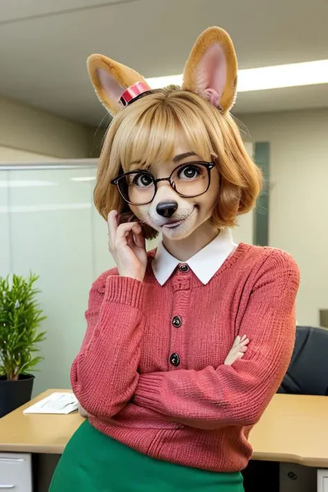 character: Isabelle, animal crossing, (inside), (perfect hands), ((masterpiece)), (((hazel eyes))), full body, (perfect face, detailed face, detailed eyes, perfect hands, perfect fingers), ((great quality)), looking at viewer, (detailed face and eyes), solo, loraisabelle, green skirt, brown sweater, white colar, glossy lips, happy smile, autumn, glasses, ((inside)), ((Nook office)), red ribbon, furry, cute furry, little pink nose, Blush, little breast, pretty eyelashes, kawaii, kemono, fluffy, hands down, 1girl, dog girl, smile, dog ears, blonde hair, topknot, indoors, furry, furry female, plant, behind desk