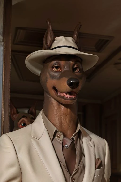 Photo-Realistic, masterpiece, detailed fur, shocked, looking at viewer, (detailed pixar eyes:1.2), detailed eyes, male, anthro, <slora:add_detail:0.3>, ((Martin Torque, Doberman, Suit, Fedora)), ((BREAK detailed fur, realistic fur, neat limbs, glistering fur, detailed fingers, detailed snout, detailed eyes, masterpiece, detailed lighting, detailed shadows, realistic lighting, realistic shadows, warm soft light, subsurface scattering, light rays)), ((Brown Eyes