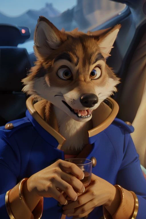 Photo-Realistic, masterpiece, detailed fur, shocked, looking at viewer, (detailed pixar eyes:1.2), detailed eyes, female, anthro, <slora:add_detail:0.3>, ((Don Karnage, Wolf, Tan Fur, Beige Muzzle, Blue buttoned captain's jacket with popped collar, Muscular, Angry Expression)), BREAK detailed fur, realistic fur, neat limbs, glistering fur, detailed fingers, detailed snout, detailed eyes, masterpiece, detailed lighting, detailed shadows, realistic lighting, realistic shadows, warm soft light, subsurface scattering, light rays