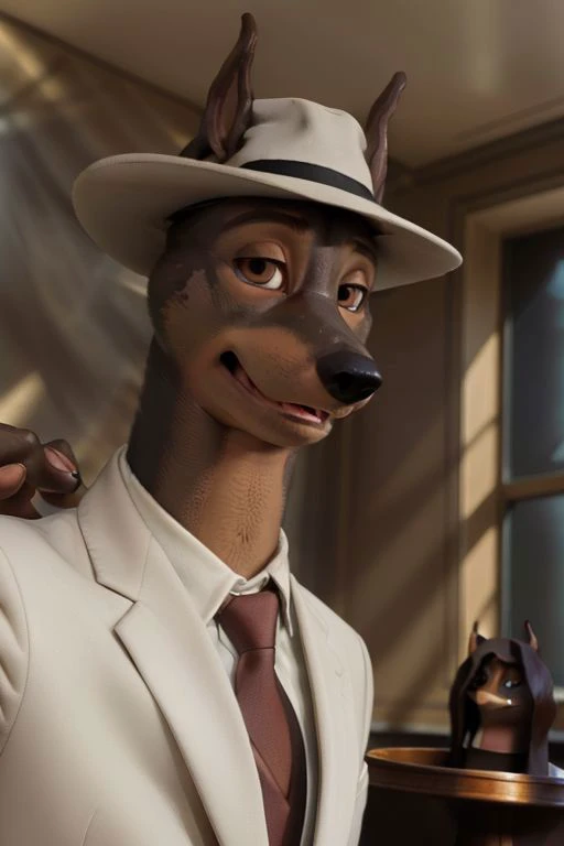 Photo-Realistic, masterpiece, detailed fur, shocked, looking at viewer, (detailed pixar eyes:1.2), detailed eyes, male, anthro, <slora:add_detail:0.3>, ((Martin Torque, Doberman, Suit, Fedora)), ((BREAK detailed fur, realistic fur, neat limbs, glistering fur, detailed fingers, detailed snout, detailed eyes, masterpiece, detailed lighting, detailed shadows, realistic lighting, realistic shadows, warm soft light, subsurface scattering, light rays)), ((Brown Eyes