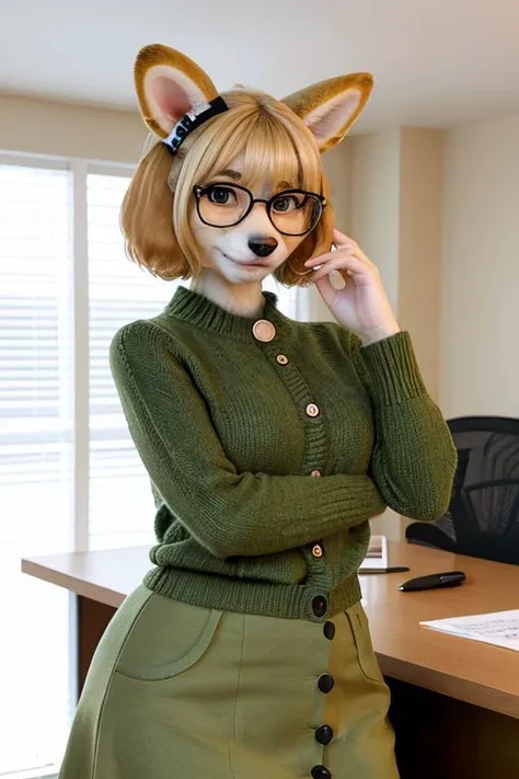 character: Isabelle, animal crossing, (inside), (perfect hands), ((masterpiece)), (((hazel eyes))), full body, (perfect face, detailed face, detailed eyes, perfect hands, perfect fingers), ((great quality)), looking at viewer, (detailed face and eyes), solo, loraisabelle, green skirt, brown sweater, white colar, glossy lips, happy smile, autumn, glasses, ((inside)), ((Nook office)), red ribbon, furry, cute furry, little pink nose, Blush, little breast, pretty eyelashes, kawaii, kemono, fluffy, hands down, 1girl, dog girl, smile, dog ears, blonde hair, topknot, indoors, furry, furry female, plant, behind desk