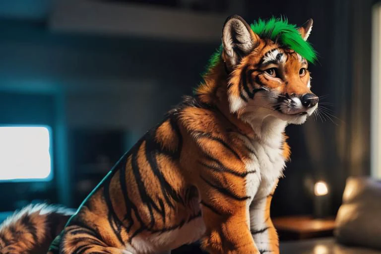 a ((anthro fox male alone)), (green hair crest on head), detailed fluffy fur, seductive, detailed background, tiger, male furry, smiling, multicolored fur, anthro,
masterpiece, detailed fur, realistic fur, tiger ears, fluffy tail,
full body, detailed skin, detailed face and eyes, higher body and limbs detail, realistic proportions, anthro_fox, anatomically correct,l huge canine penis, knot, cum, detailed background,
detailed lighting, cinematic lighting, detailed ambient light, gray natural lighting, backlighting, crepuscular ray,
half body shadow, sharp focus, detailed canine penis, realistic canine penis, (knot), animal genitalia erect