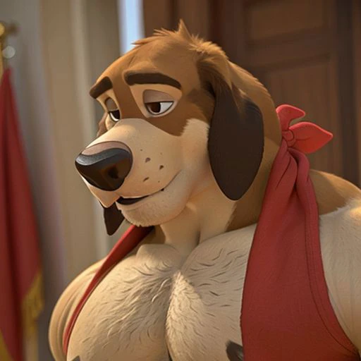 Photo-Realistic, masterpiece, detailed fur, shocked, looking at viewer, (detailed pixar eyes:1.2), detailed eyes, male, anthro, <slora:add_detail:0.3>, ((Cash, Hound, Floppy Ears, red kerchief)), BREAK detailed fur, realistic fur, neat limbs, glistering fur, detailed fingers, detailed snout, detailed eyes, masterpiece, detailed lighting, detailed shadows, realistic lighting, realistic shadows, warm soft light, subsurface scattering, light rays, ((Nothing On Head)), ((Anthropomorphic, Anthro, Furry, Broad Shoulders)), (((Massive Muscles))), (((Massive Deltoids))), (((Massive shoulders))), (((Massive Pecs))), (((Massive Biceps)))