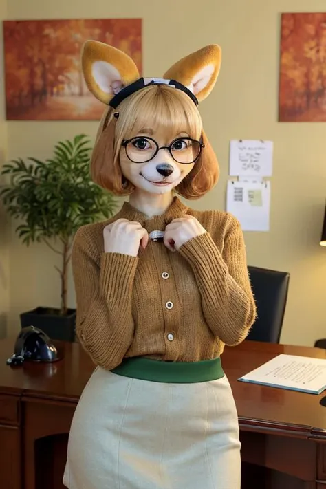 character: Isabelle, animal crossing, (inside), (perfect hands), ((masterpiece)), (((hazel eyes))), full body, (perfect face, detailed face, detailed eyes, perfect hands, perfect fingers), ((great quality)), looking at viewer, (detailed face and eyes), solo, loraisabelle, green skirt, brown sweater, white colar, glossy lips, happy smile, autumn, glasses, ((inside)), ((Nook office)), red ribbon, furry, cute furry, little pink nose, Blush, little breast, pretty eyelashes, kawaii, kemono, fluffy, hands down, 1girl, dog girl, smile, dog ears, blonde hair, topknot, indoors, furry, furry female, plant, behind desk