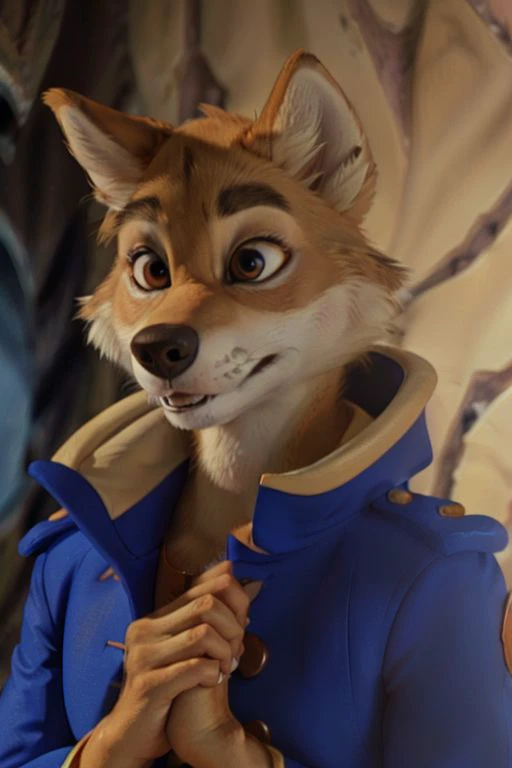 Photo-Realistic, masterpiece, detailed fur, shocked, looking at viewer, (detailed pixar eyes:1.2), detailed eyes, female, anthro, <slora:add_detail:0.3>, ((Don Karnage, Wolf, Tan Fur, Beige Muzzle, Blue buttoned captain's jacket with popped collar)), BREAK detailed fur, realistic fur, neat limbs, glistering fur, detailed fingers, detailed snout, detailed eyes, masterpiece, detailed lighting, detailed shadows, realistic lighting, realistic shadows, warm soft light, subsurface scattering, light rays