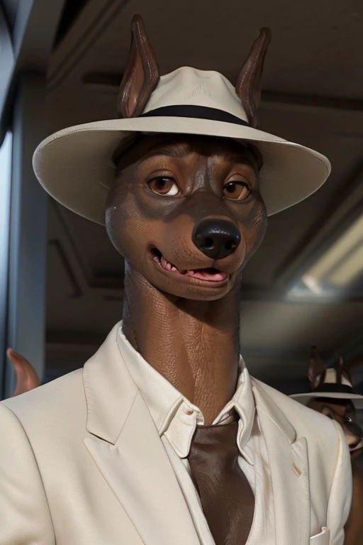 Photo-Realistic, masterpiece, detailed fur, shocked, looking at viewer, (detailed pixar eyes:1.2), detailed eyes, male, anthro, <slora:add_detail:0.3>, ((Martin Torque, Doberman, Suit, Fedora)), ((BREAK detailed fur, realistic fur, neat limbs, glistering fur, detailed fingers, detailed snout, detailed eyes, masterpiece, detailed lighting, detailed shadows, realistic lighting, realistic shadows, warm soft light, subsurface scattering, light rays)), ((Brown Eyes