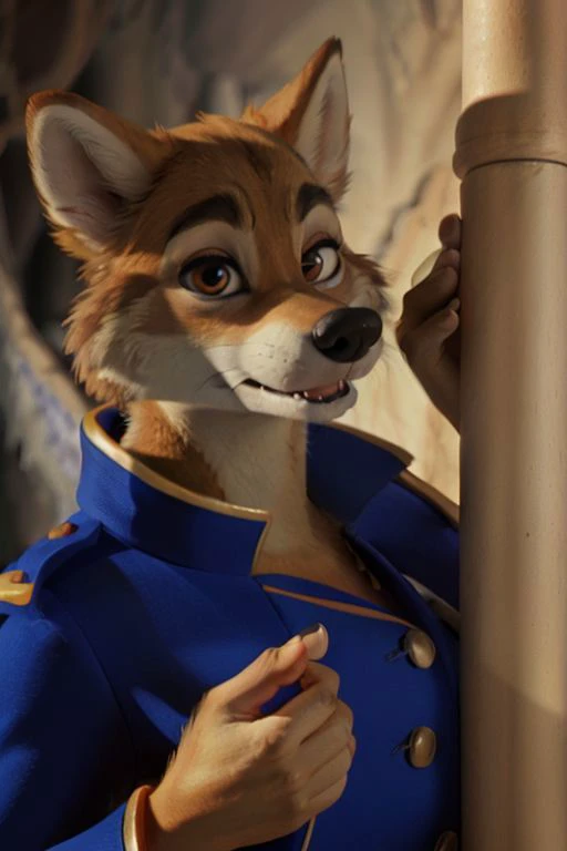 Photo-Realistic, masterpiece, detailed fur, shocked, looking at viewer, (detailed pixar eyes:1.2), detailed eyes, female, anthro, <slora:add_detail:0.3>, ((Don Karnage, Wolf, Tan Fur, Beige Muzzle, Blue buttoned captain's jacket with popped collar)), BREAK detailed fur, realistic fur, neat limbs, glistering fur, detailed fingers, detailed snout, detailed eyes, masterpiece, detailed lighting, detailed shadows, realistic lighting, realistic shadows, warm soft light, subsurface scattering, light rays