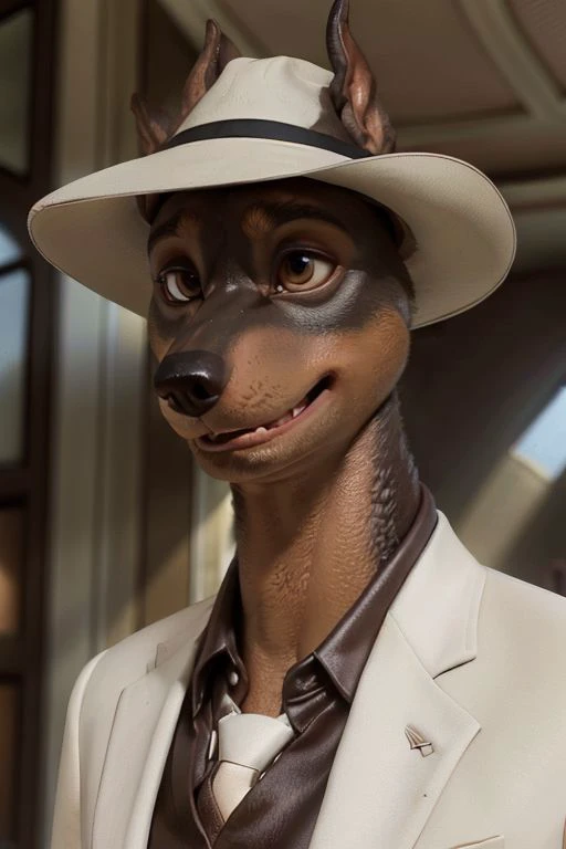 Photo-Realistic, masterpiece, detailed fur, shocked, looking at viewer, (detailed pixar eyes:1.2), detailed eyes, male, anthro, <slora:add_detail:0.3>, ((Martin Torque, Doberman, Suit, Fedora)), ((BREAK detailed fur, realistic fur, neat limbs, glistering fur, detailed fingers, detailed snout, detailed eyes, masterpiece, detailed lighting, detailed shadows, realistic lighting, realistic shadows, warm soft light, subsurface scattering, light rays)), ((Brown Eyes