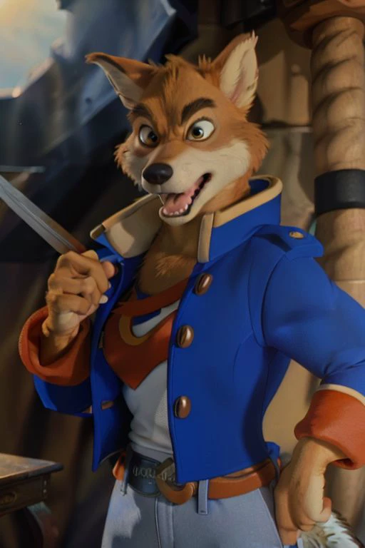 Photo-Realistic, masterpiece, detailed fur, shocked, looking at viewer, (detailed pixar eyes:1.2), detailed eyes, female, anthro, <slora:add_detail:0.3>, ((Don Karnage, Wolf, Tan Fur, Beige Muzzle, Blue buttoned captain's jacket with popped collar, Muscular, Angry, Yelling, Holding Cutlass Sword)), BREAK detailed fur, realistic fur, neat limbs, glistering fur, detailed fingers, detailed snout, detailed eyes, masterpiece, detailed lighting, detailed shadows, realistic lighting, realistic shadows, warm soft light, subsurface scattering, light rays