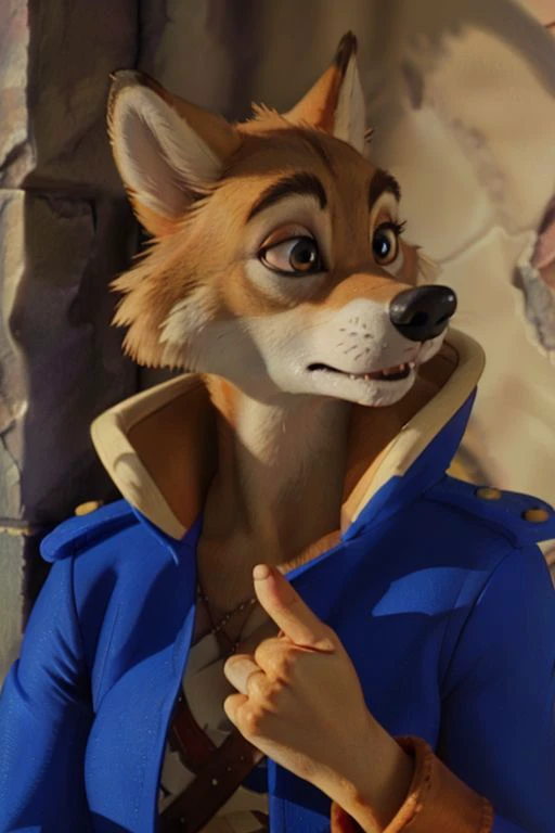 Photo-Realistic, masterpiece, detailed fur, shocked, looking at viewer, (detailed pixar eyes:1.2), detailed eyes, female, anthro, <slora:add_detail:0.3>, ((Don Karnage, Wolf, Tan Fur, Beige Muzzle, Blue buttoned captain's jacket with popped collar)), BREAK detailed fur, realistic fur, neat limbs, glistering fur, detailed fingers, detailed snout, detailed eyes, masterpiece, detailed lighting, detailed shadows, realistic lighting, realistic shadows, warm soft light, subsurface scattering, light rays