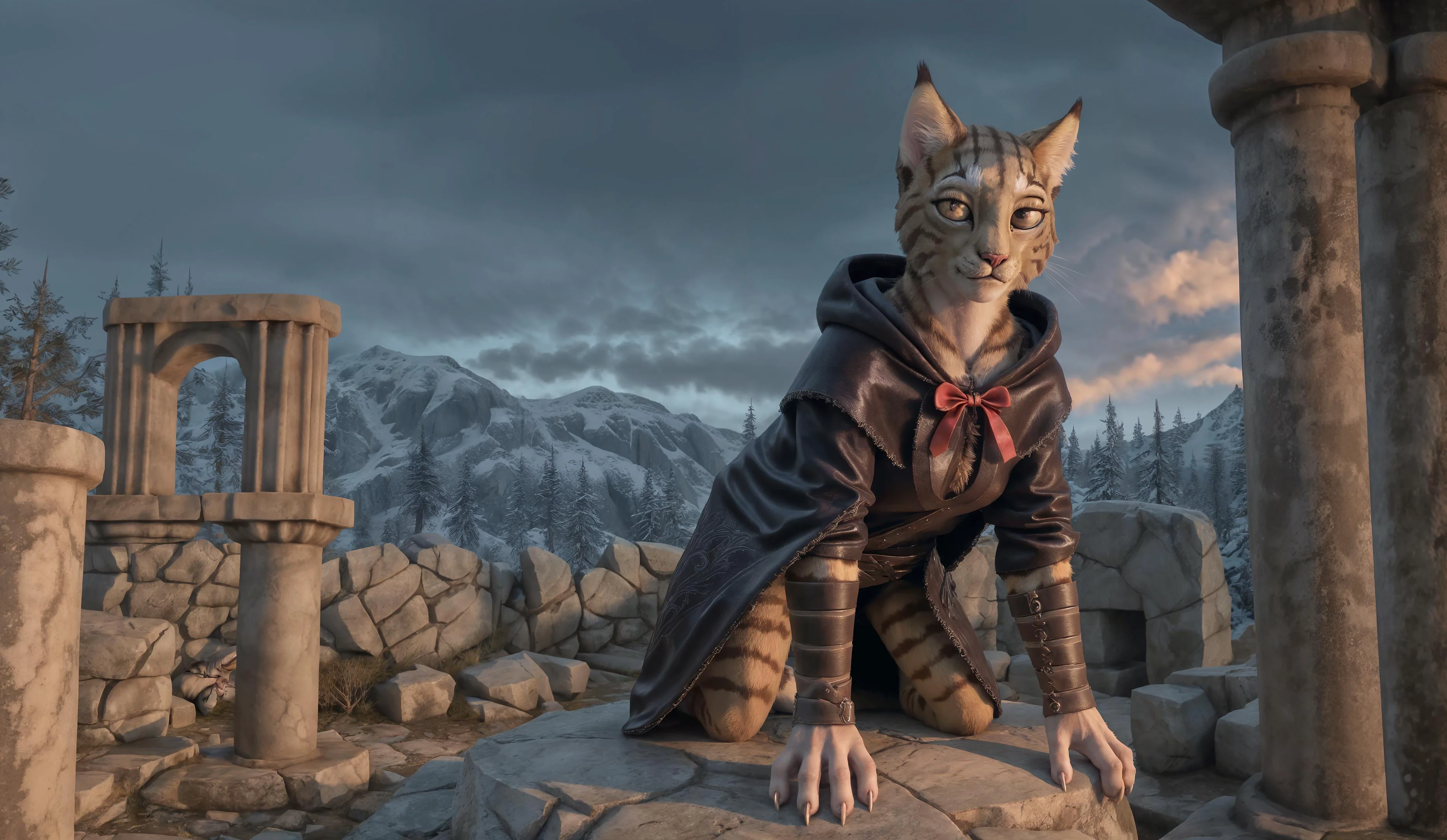 hand drawn, detailed background, ancient Nordic ruins at dusk, twilight sky casting a mesmerizing glow, outdoor ambiance, (Khajiit:1.4)female character standing on a stone platform, (lean and agile physique), (smooth golden fur with dark striped patterns), piercing amber eyes, ((pointed cat ears):0.8), ((whiskers that twitch as she looks around):0.9), (sharp claws on her hands and feet), she wears traditional Skyrim attire, (ornate leather armor with intricate engravings), (hooded cloak for stealth), (a bow strapped across her back), confident and determined expression
