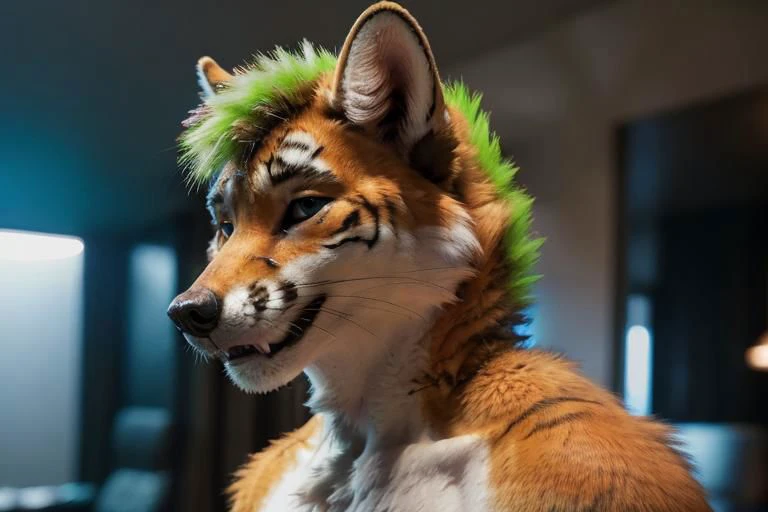 a ((anthro fox male alone)), (green crest hair on head), detailed fluffy fur, seductive, detailed background, tiger, male furry, smiling, multicolored fur, anthro, 
masterpiece, detailed fur, realistic fur, tiger ears, fluffy tail, 
full body, detailed skin, detailed face and eyes, higher body and limbs detail, realistic proportions, anthro_fox, anatomically correct,l huge canine penis, knot, cum, detailed background,
detailed lighting, cinematic lighting, detailed ambient light, gray natural lighting, backlighting, crepuscular ray, 
half body shadow, sharp focus, detailed canine penis, realistic canine penis, (knot), animal genitalia erect