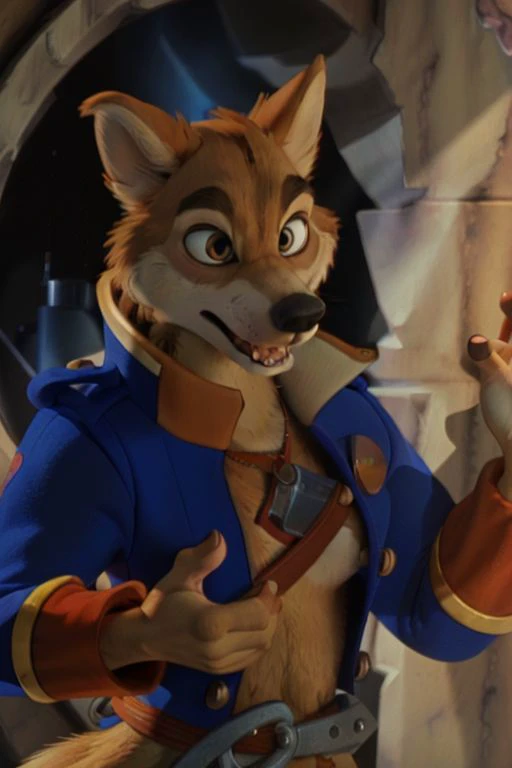 Photo-Realistic, masterpiece, detailed fur, shocked, looking at viewer, (detailed pixar eyes:1.2), detailed eyes, female, anthro, <slora:add_detail:0.3>, ((Don Karnage, Wolf, Tan Fur, Beige Muzzle, Blue buttoned captain's jacket with popped collar, Muscular, Angry Expression)), BREAK detailed fur, realistic fur, neat limbs, glistering fur, detailed fingers, detailed snout, detailed eyes, masterpiece, detailed lighting, detailed shadows, realistic lighting, realistic shadows, warm soft light, subsurface scattering, light rays