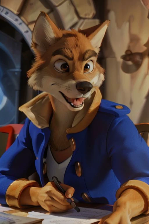 Photo-Realistic, masterpiece, detailed fur, shocked, looking at viewer, (detailed pixar eyes:1.2), detailed eyes, female, anthro, <slora:add_detail:0.3>, ((Don Karnage, Wolf, Tan Fur, Beige Muzzle, Blue buttoned captain's jacket with popped collar, Muscular, Angry Expression)), BREAK detailed fur, realistic fur, neat limbs, glistering fur, detailed fingers, detailed snout, detailed eyes, masterpiece, detailed lighting, detailed shadows, realistic lighting, realistic shadows, warm soft light, subsurface scattering, light rays